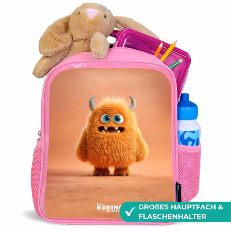 Kinderrucksack - Rosa - Oranje Pluizig Monster met Hoorns — 3