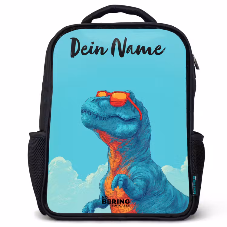 Kinderrucksack mit Namen - Schwarz - Dino - Sonnenbrille - Blau — 1