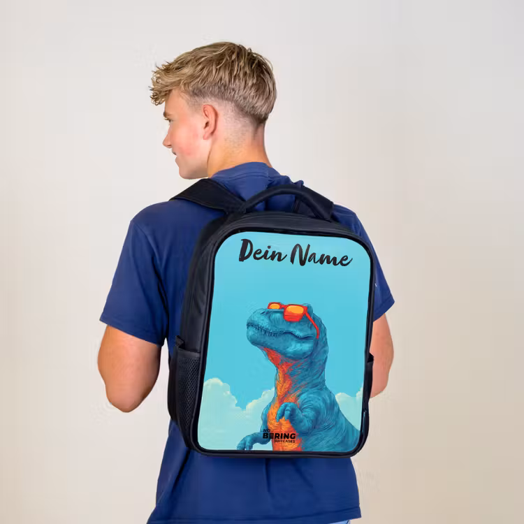 Kinderrucksack mit Namen - Schwarz - Dino - Sonnenbrille - Blau — 3