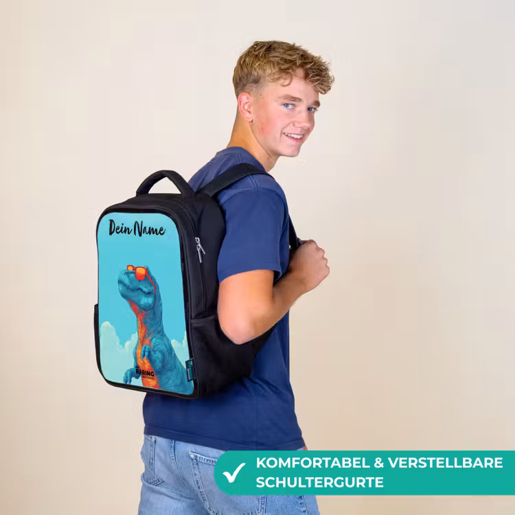 Kinderrucksack mit Namen - Schwarz - Dino - Sonnenbrille - Blau — 9