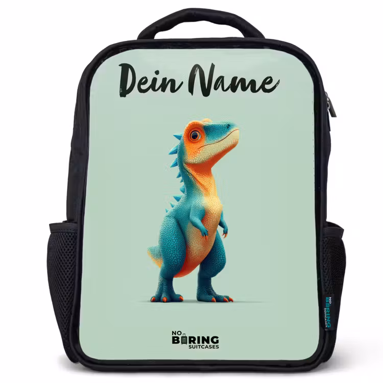 Kinderrucksack mit Namen - Schwarz - Dino - Tier - Grün - Orange — 1