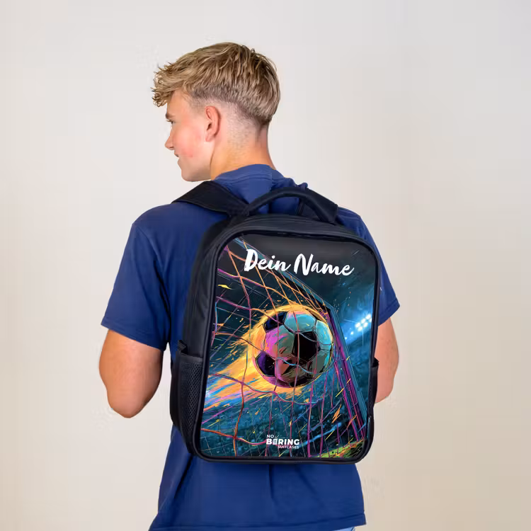 Kinderrucksack mit Namen - Schwarz - Neon - Netz - Fußball - Farbenfroh — 3