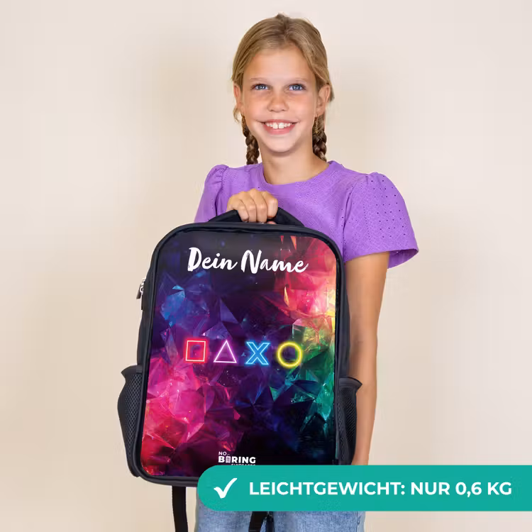 Kinderrucksack mit Namen - Schwarz - Symbole - Spiel - Farbenfroh — 7