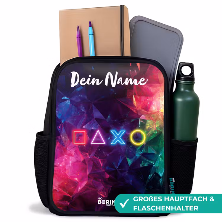 Kinderrucksack mit Namen - Schwarz - Symbole - Spiel - Farbenfroh — 8