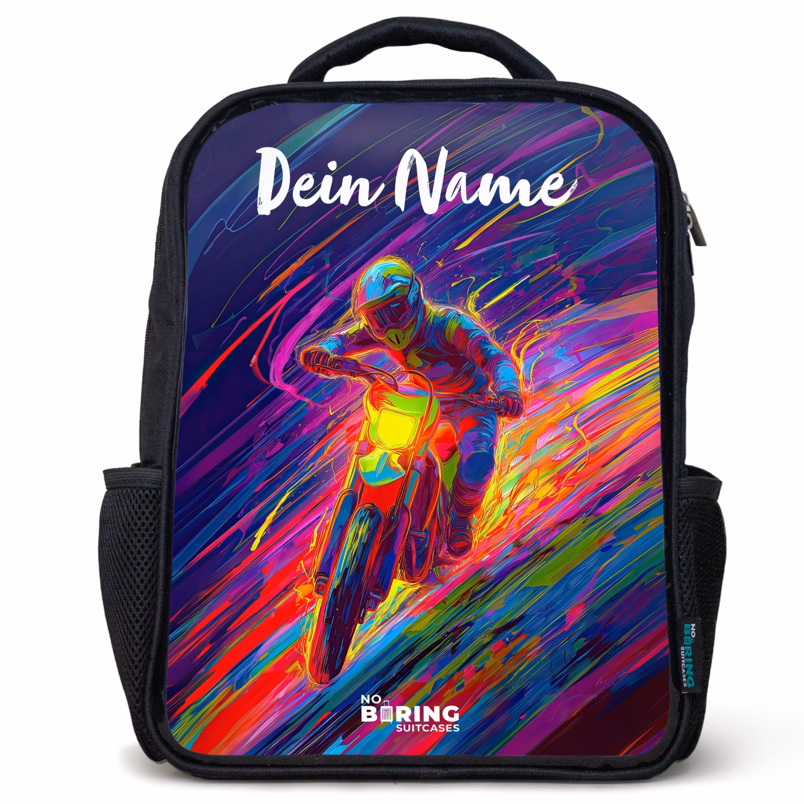 Kinderrucksack mit Namen - Schwarz - Crossrad - Neonfarben - Linien - Helm — 1