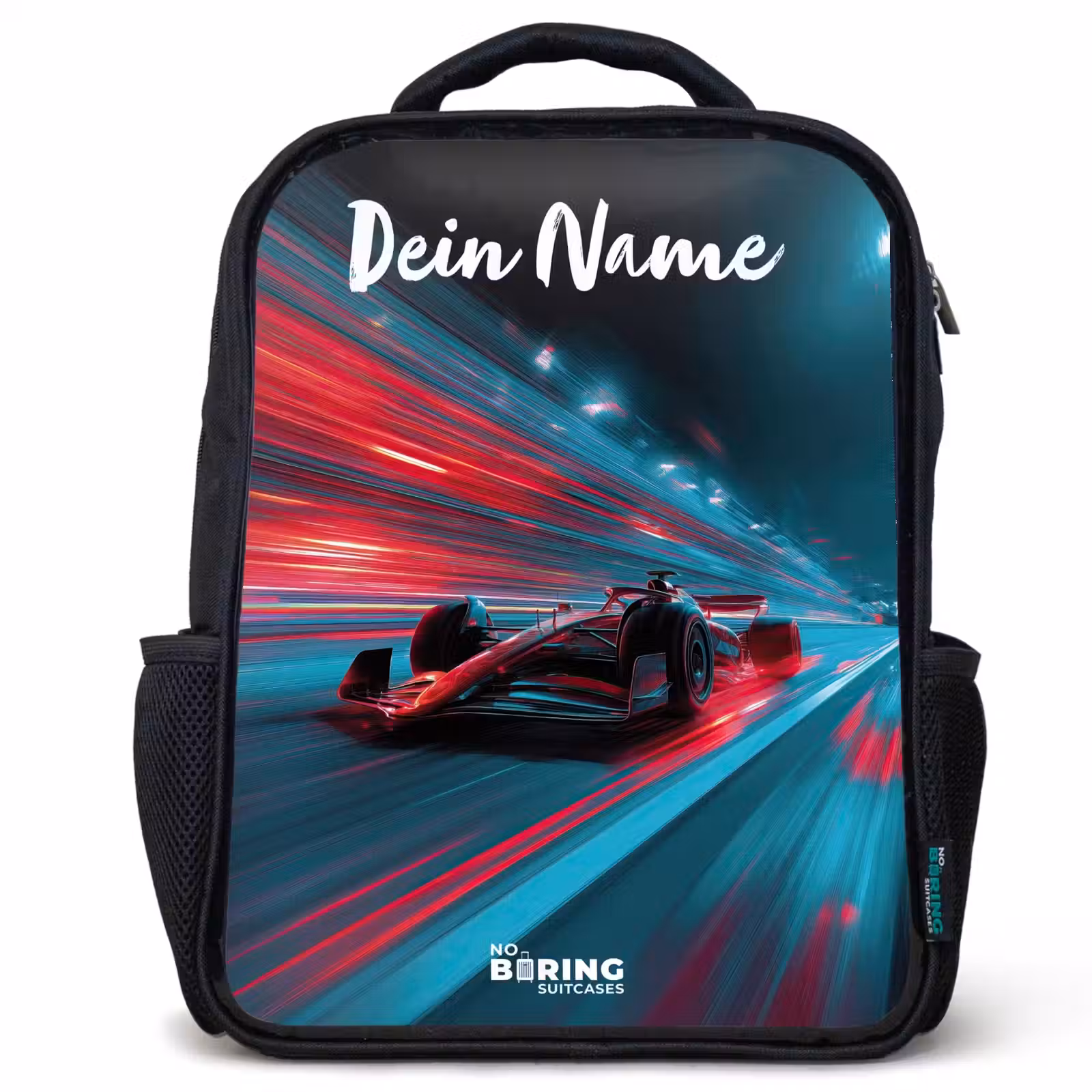 Kinderrucksack mit Namen - Schwarz - Formel 1 - Rennwagen - Rot - Neonlichter — 1