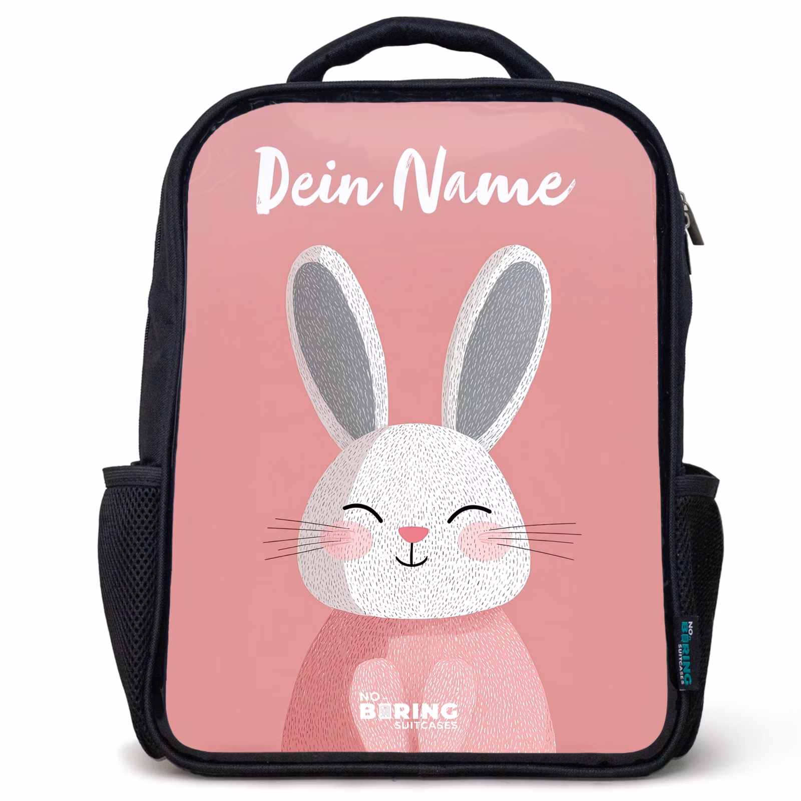 Kinderrucksack mit Namen - Schwarz - Kaninchen - Erröten - Punkte - Rosa — 1