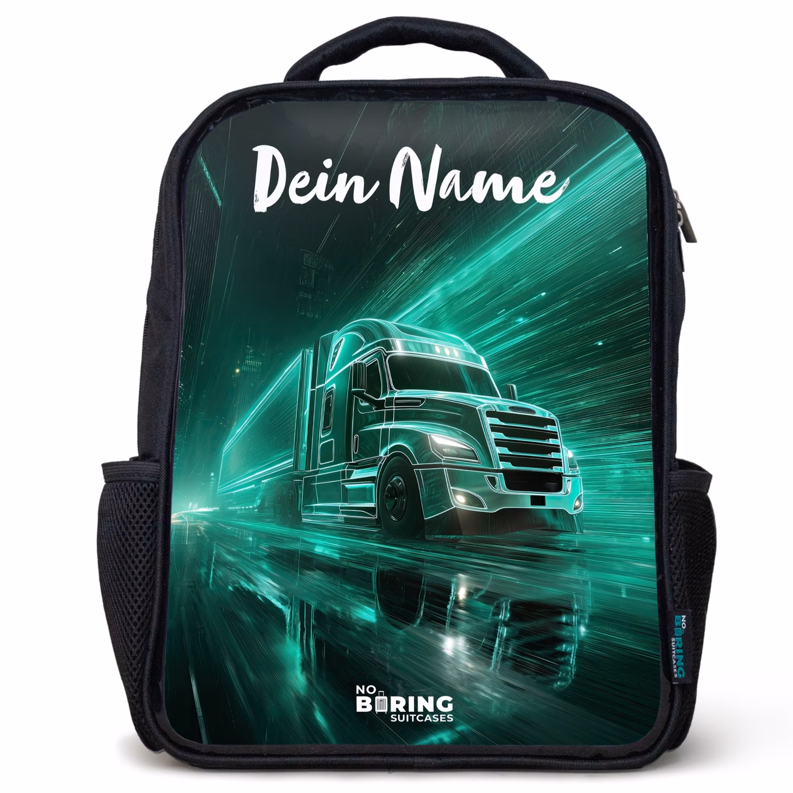 Kinderrucksack mit Namen - Schwarz - Lkw - Stadt - Grün - Neon — 1