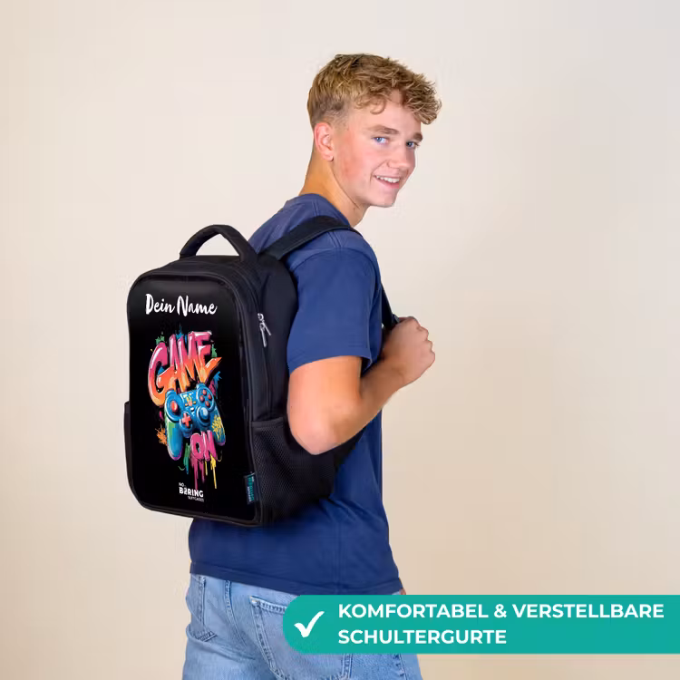 Kinderrucksack mit Namen - Schwarz - Controller - Spiel - Graffiti - Text — 9
