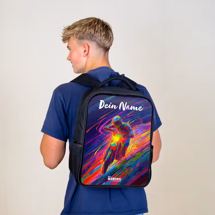 Kinderrucksack mit Namen - Schwarz - Crossrad - Neonfarben - Linien - Helm — 3