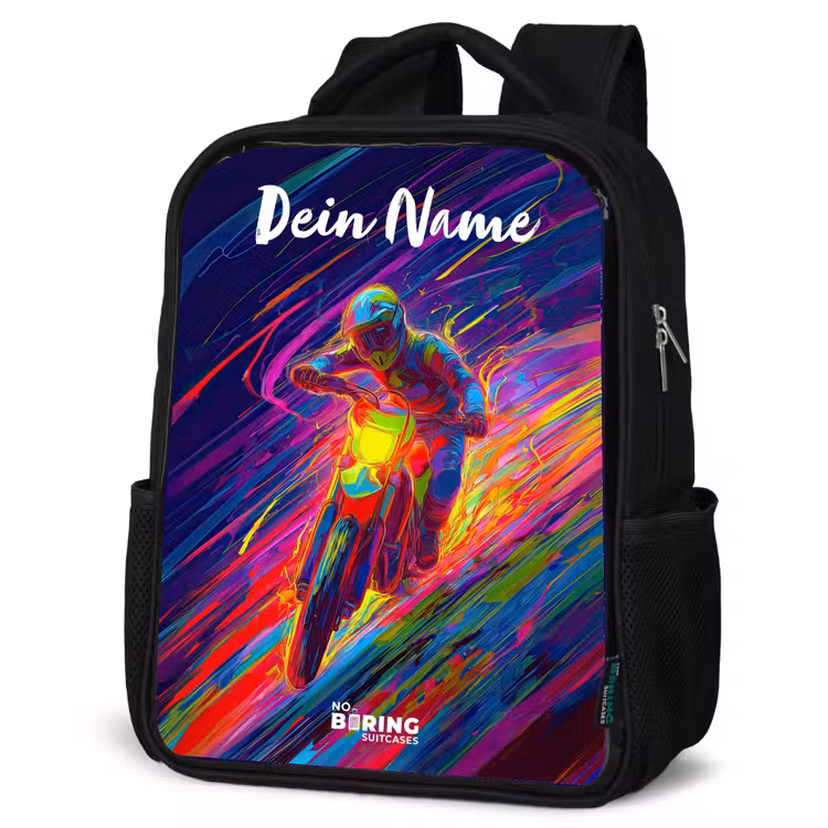 Kinderrucksack mit Namen - Schwarz - Crossrad - Neonfarben - Linien - Helm — 4
