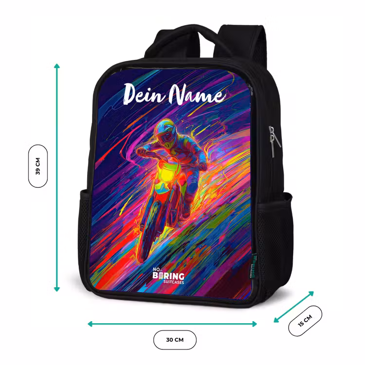 Kinderrucksack mit Namen - Schwarz - Crossrad - Neonfarben - Linien - Helm — 6