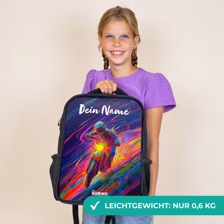 Kinderrucksack mit Namen - Schwarz - Crossrad - Neonfarben - Linien - Helm — 7