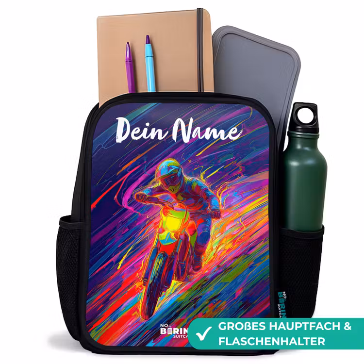 Kinderrucksack mit Namen - Schwarz - Crossrad - Neonfarben - Linien - Helm — 8