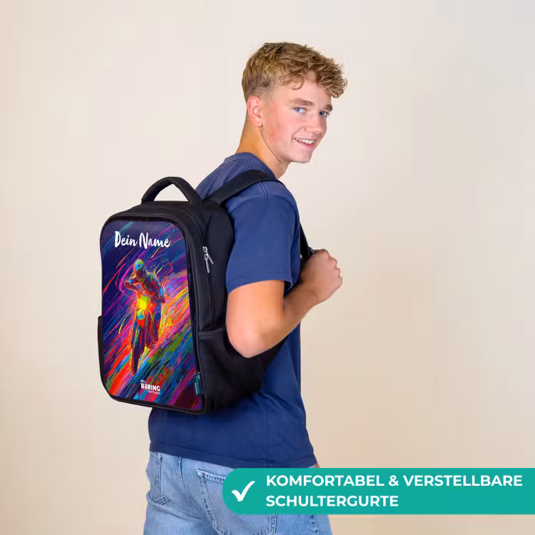 Kinderrucksack mit Namen - Schwarz - Crossrad - Neonfarben - Linien - Helm — 9