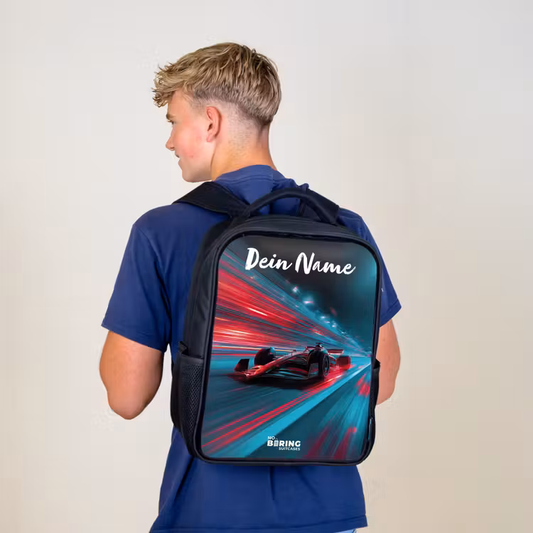 Kinderrucksack mit Namen - Schwarz - Formel 1 - Rennwagen - Rot - Neonlichter — 3