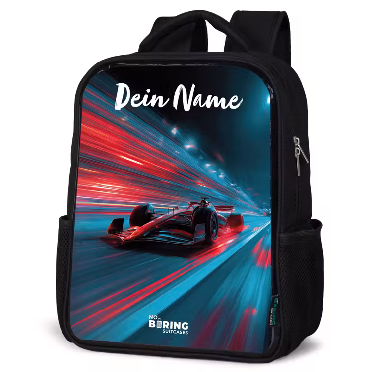 Kinderrucksack mit Namen - Schwarz - Formel 1 - Rennwagen - Rot - Neonlichter — 4