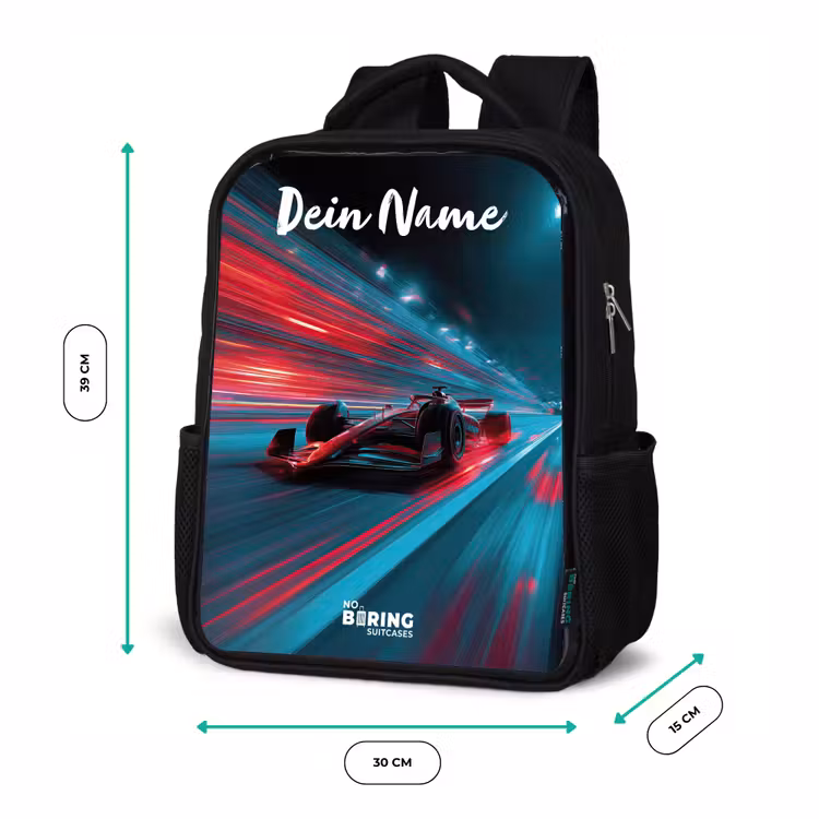 Kinderrucksack mit Namen - Schwarz - Formel 1 - Rennwagen - Rot - Neonlichter — 6