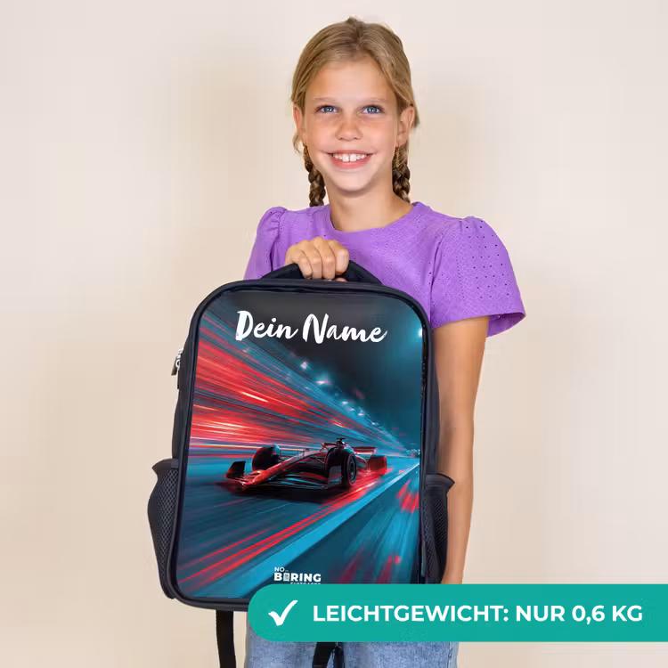 Kinderrucksack mit Namen - Schwarz - Formel 1 - Rennwagen - Rot - Neonlichter — 7