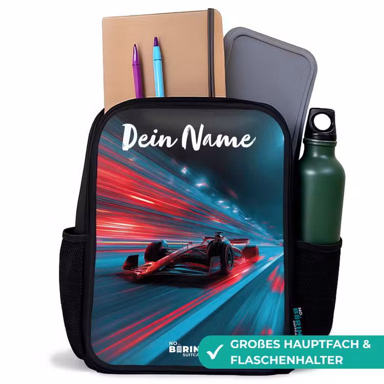 Kinderrucksack mit Namen - Schwarz - Formel 1 - Rennwagen - Rot - Neonlichter — 8