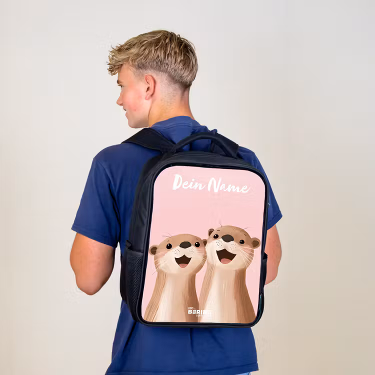 Kinderrucksack mit Namen - Schwarz - Lächeln - Otter - Rosa - Illustration — 3