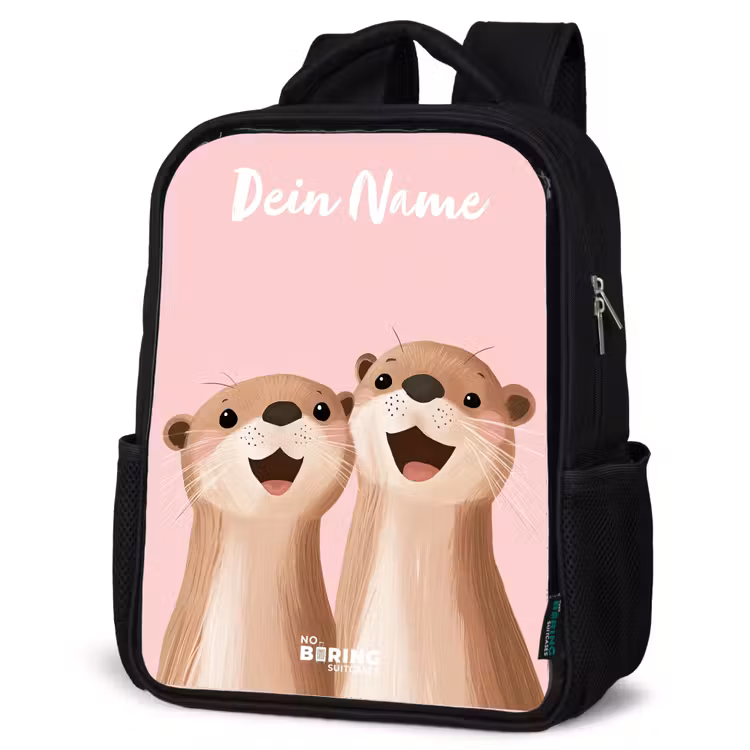 Kinderrucksack mit Namen - Schwarz - Lächeln - Otter - Rosa - Illustration — 4