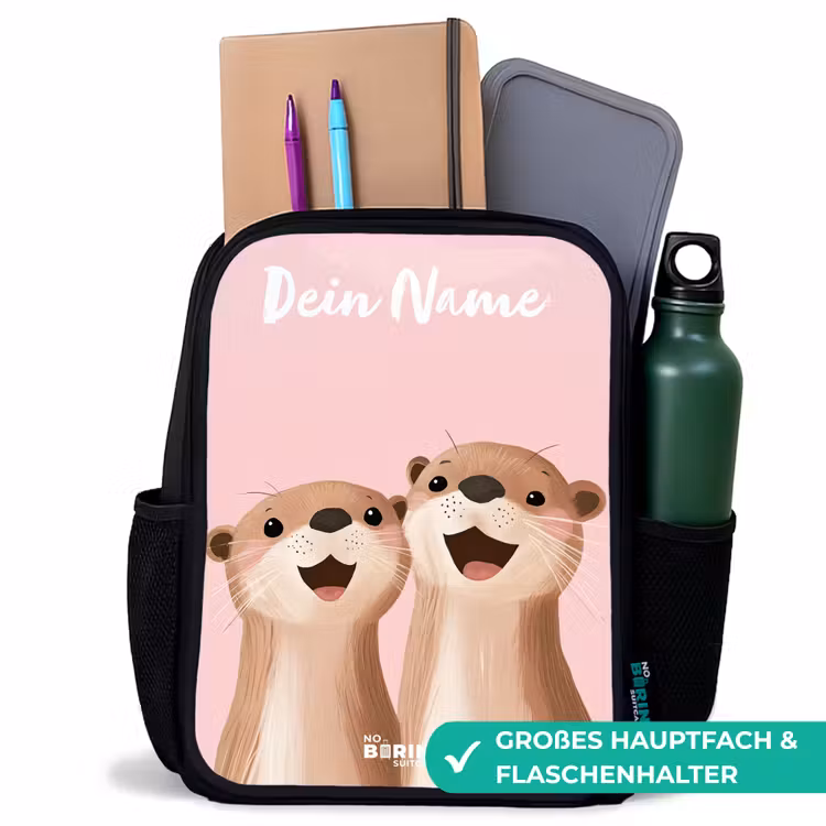 Kinderrucksack mit Namen - Schwarz - Lächeln - Otter - Rosa - Illustration — 8