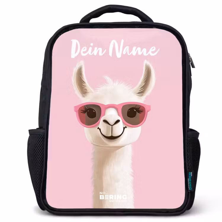Kinderrucksack mit Namen - Schwarz - Lama - Weiß - Sonnenbrille - Wimpern — 1