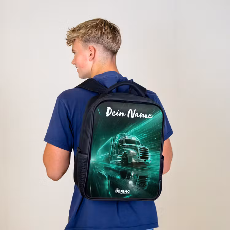 Kinderrucksack mit Namen - Schwarz - Lkw - Stadt - Grün - Neon — 3