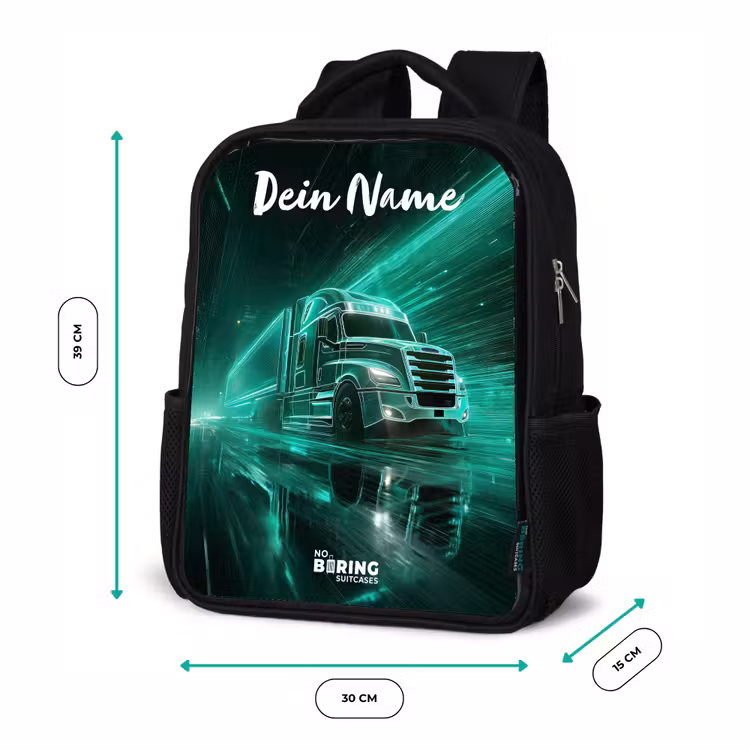 Kinderrucksack mit Namen - Schwarz - Lkw - Stadt - Grün - Neon — 6