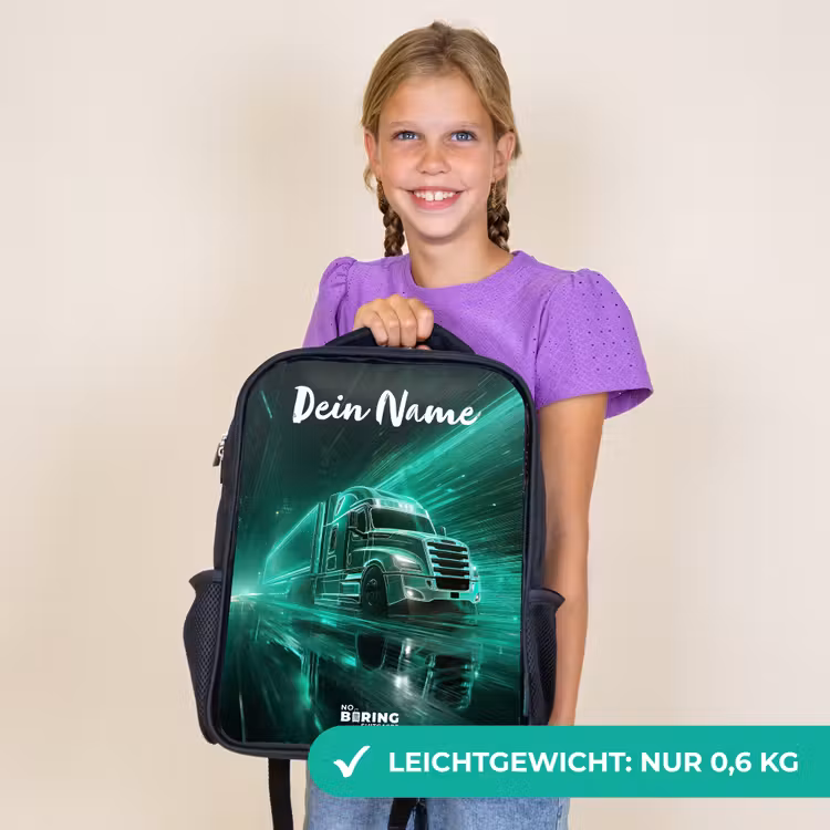 Kinderrucksack mit Namen - Schwarz - Lkw - Stadt - Grün - Neon — 7