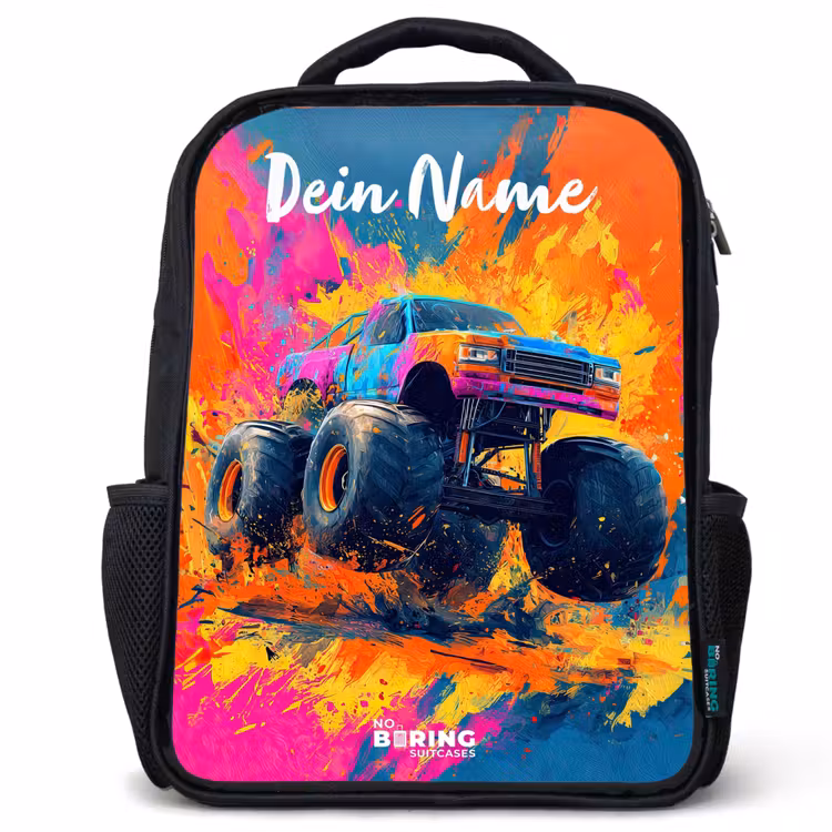 Kinderrucksack mit Namen - Schwarz - Monstertruck - Abstrakt - Farbspritzer - Farbenfroh — 1