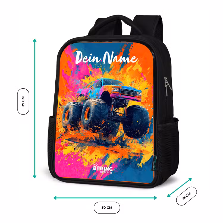 Kinderrucksack mit Namen - Schwarz - Monstertruck - Abstrakt - Farbspritzer - Farbenfroh — 6