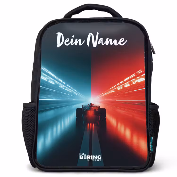 Kinderrucksack mit Namen - Schwarz - Rennwagen - Beleuchtung - Neon - Rot — 1