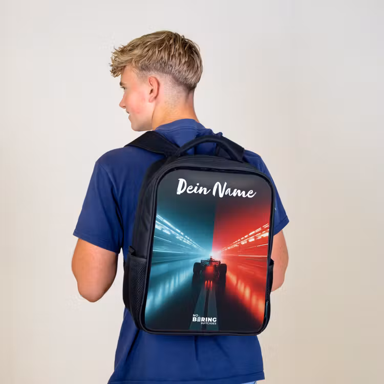 Kinderrucksack mit Namen - Schwarz - Rennwagen - Beleuchtung - Neon - Rot — 3