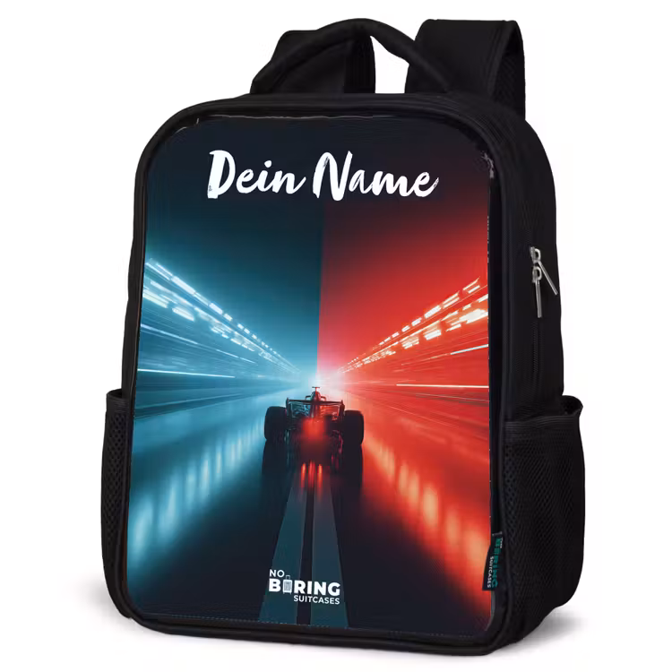 Kinderrucksack mit Namen - Schwarz - Rennwagen - Beleuchtung - Neon - Rot — 4