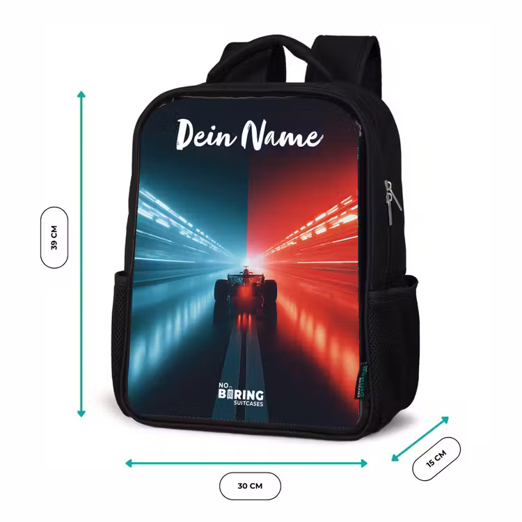 Kinderrucksack mit Namen - Schwarz - Rennwagen - Beleuchtung - Neon - Rot — 6