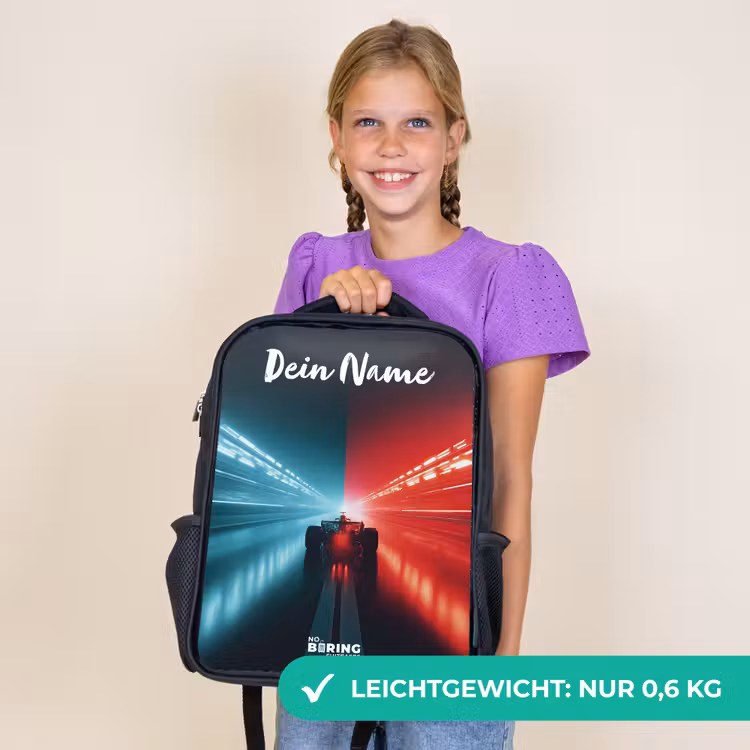 Kinderrucksack mit Namen - Schwarz - Rennwagen - Beleuchtung - Neon - Rot — 7