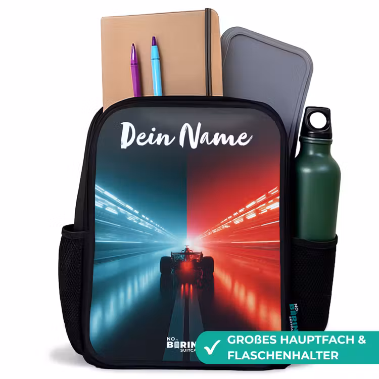 Kinderrucksack mit Namen - Schwarz - Rennwagen - Beleuchtung - Neon - Rot — 8