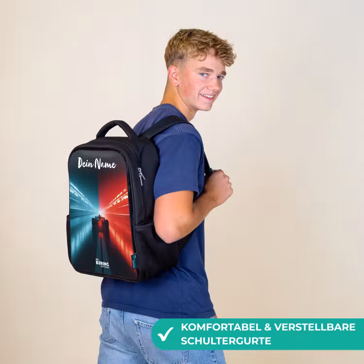 Kinderrucksack mit Namen - Schwarz - Rennwagen - Beleuchtung - Neon - Rot — 9