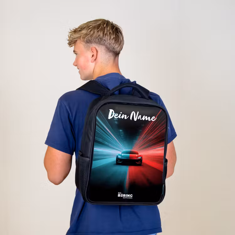 Kinderrucksack mit Namen - Schwarz - Sportwagen - Blau - Neon - Stadt — 3