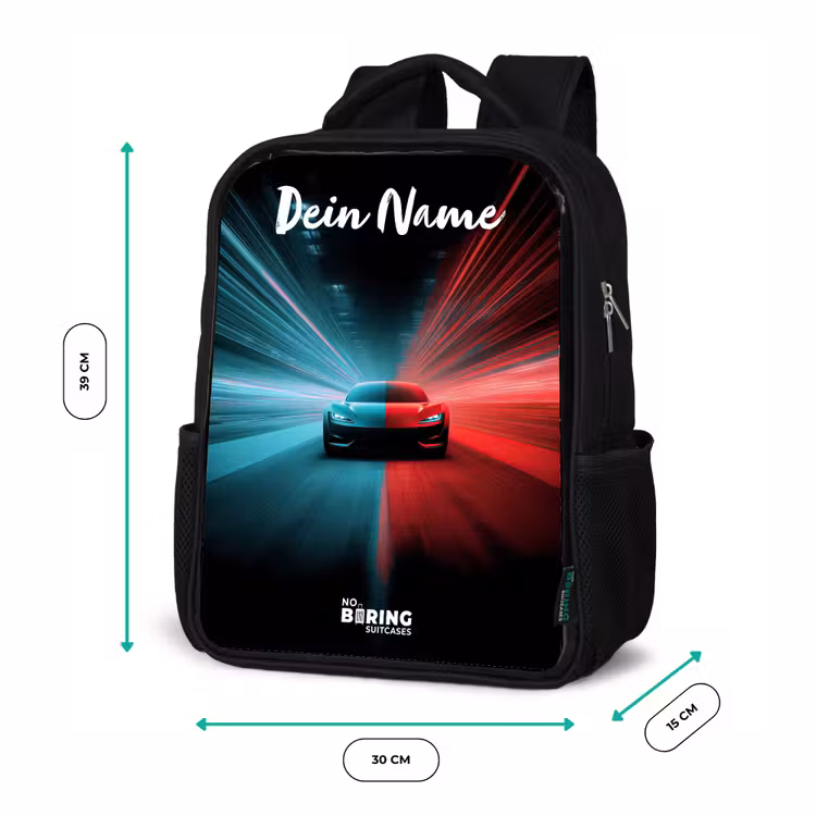 Kinderrucksack mit Namen - Schwarz - Sportwagen - Blau - Neon - Stadt — 6
