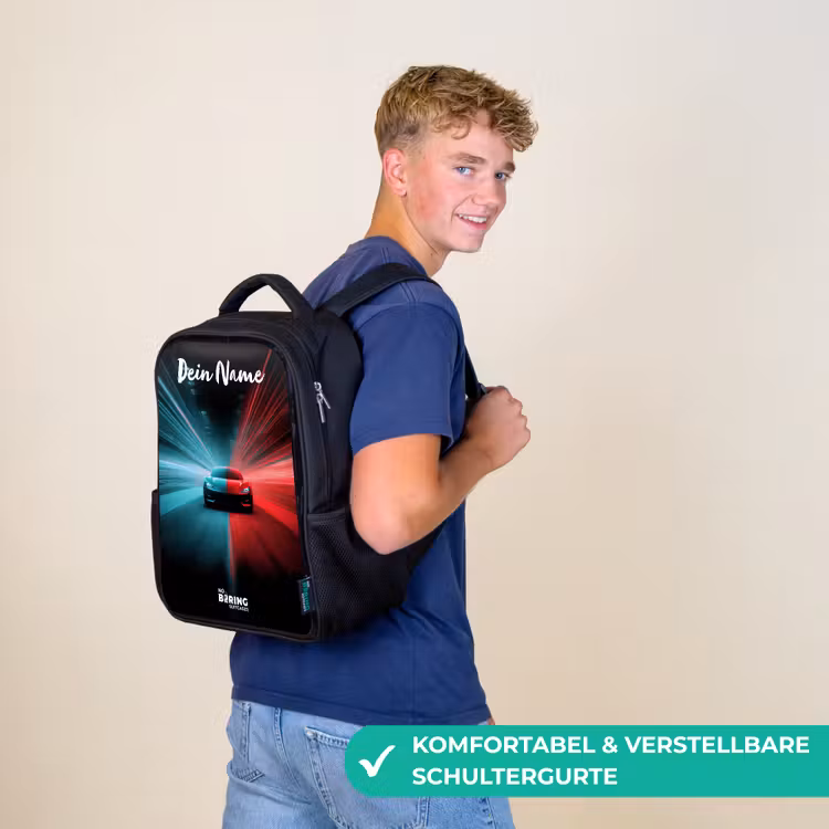 Kinderrucksack mit Namen - Schwarz - Sportwagen - Blau - Neon - Stadt — 9