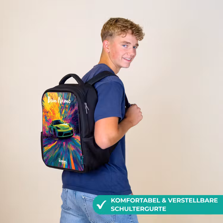 Kinderrucksack mit Namen - Schwarz - Sportwagen - Grün - Lackstreifen - Farben — 9