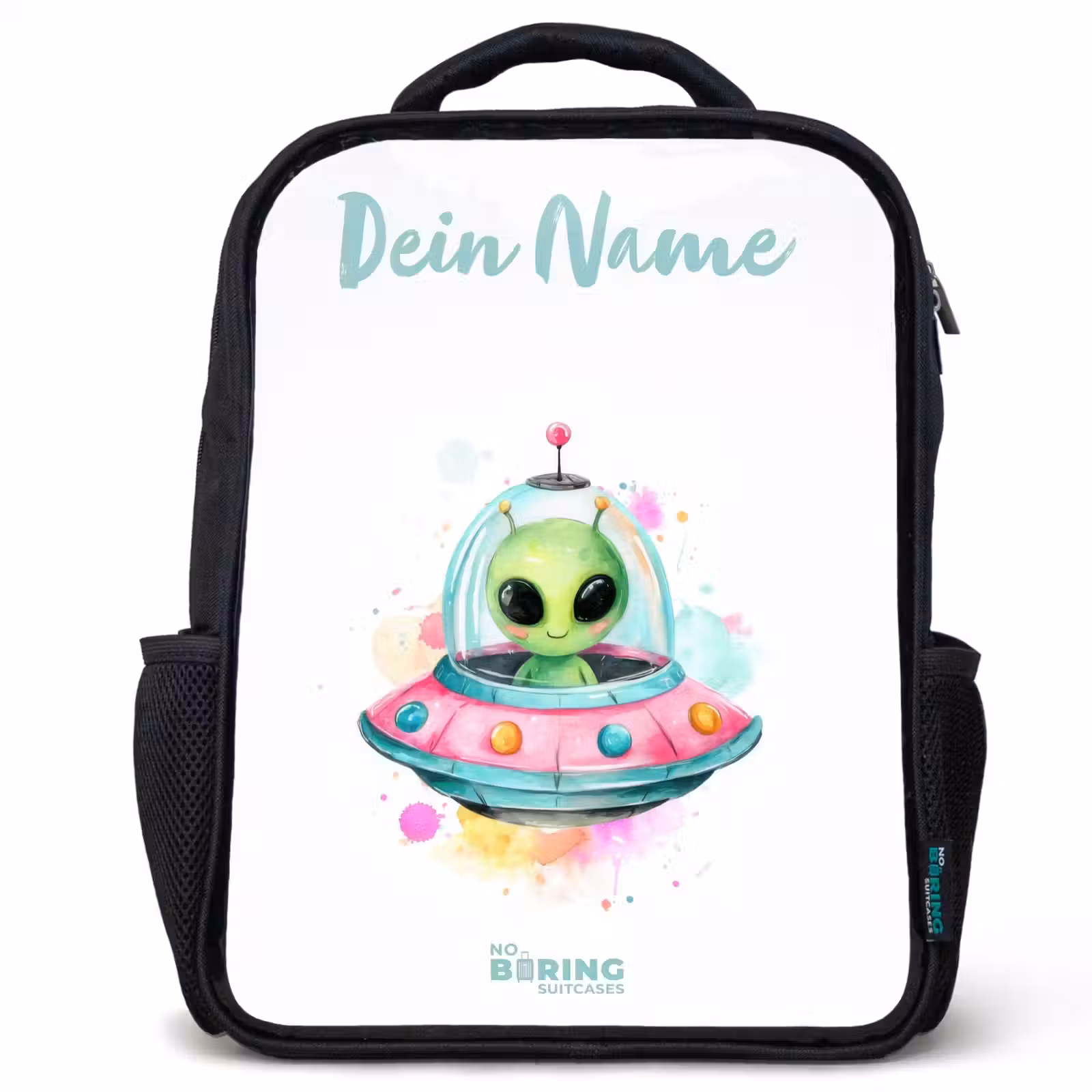 Kinderrucksack mit Namen - Schwarz - Grüner Außerirdischer in buntem UFO — 1
