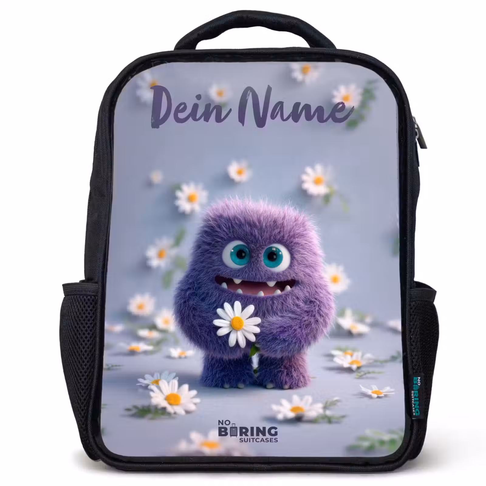 Kinderrucksack mit Namen - Schwarz - Lila flauschiger Freund mit Gänseblümchen — 1