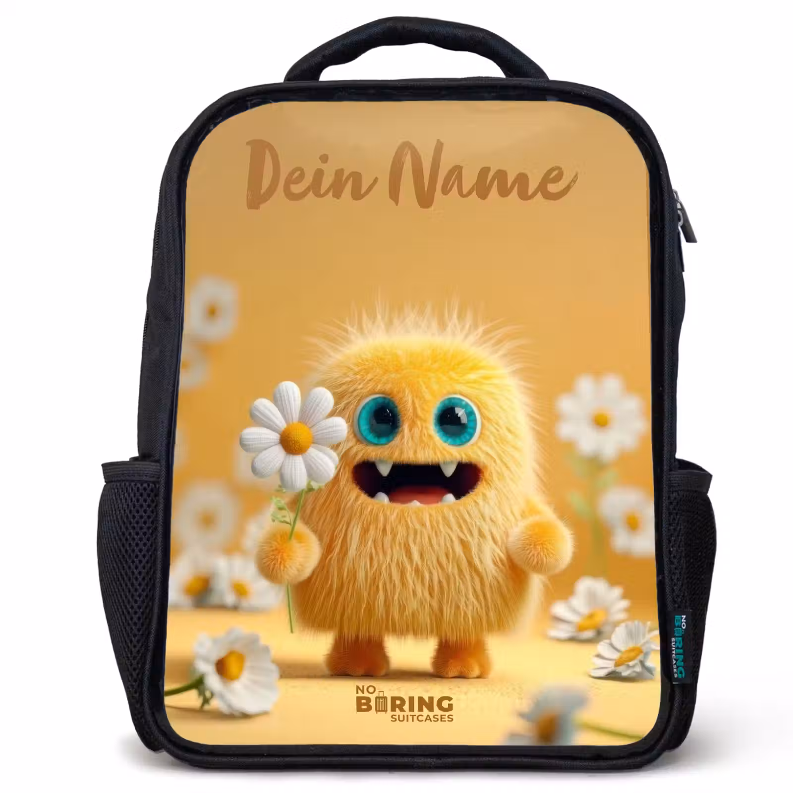 Kinderrucksack mit Namen - Schwarz - Monster - Kreatur - Blume - Gelb — 1