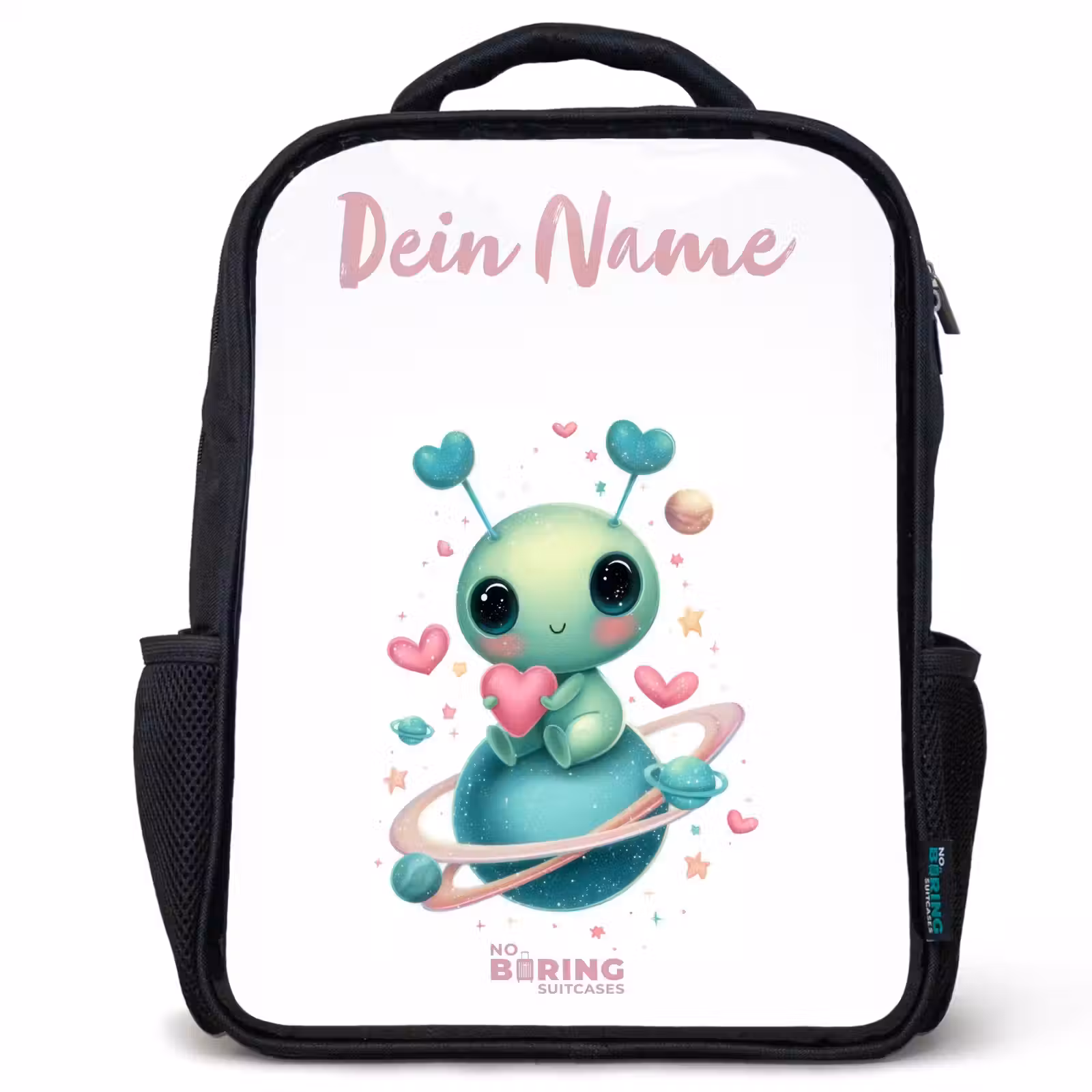 Kinderrucksack mit Namen - Schwarz - Süßer kleiner Außerirdischer mit Herz — 1
