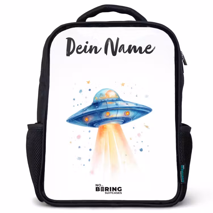Kinderrucksack mit Namen - Schwarz - Blaues Raumschiff mit Lichtstrahl — 1