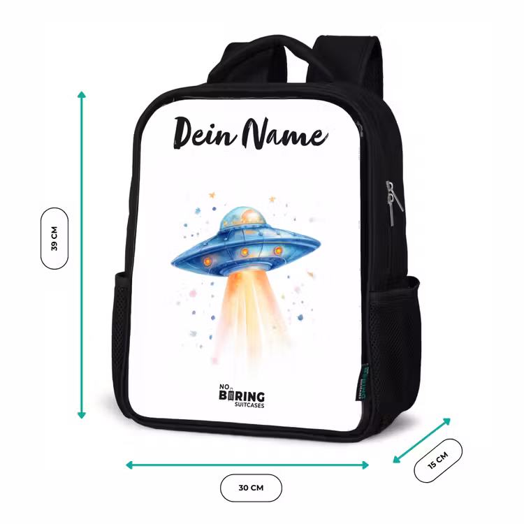 Kinderrucksack mit Namen - Schwarz - Blaues Raumschiff mit Lichtstrahl — 6